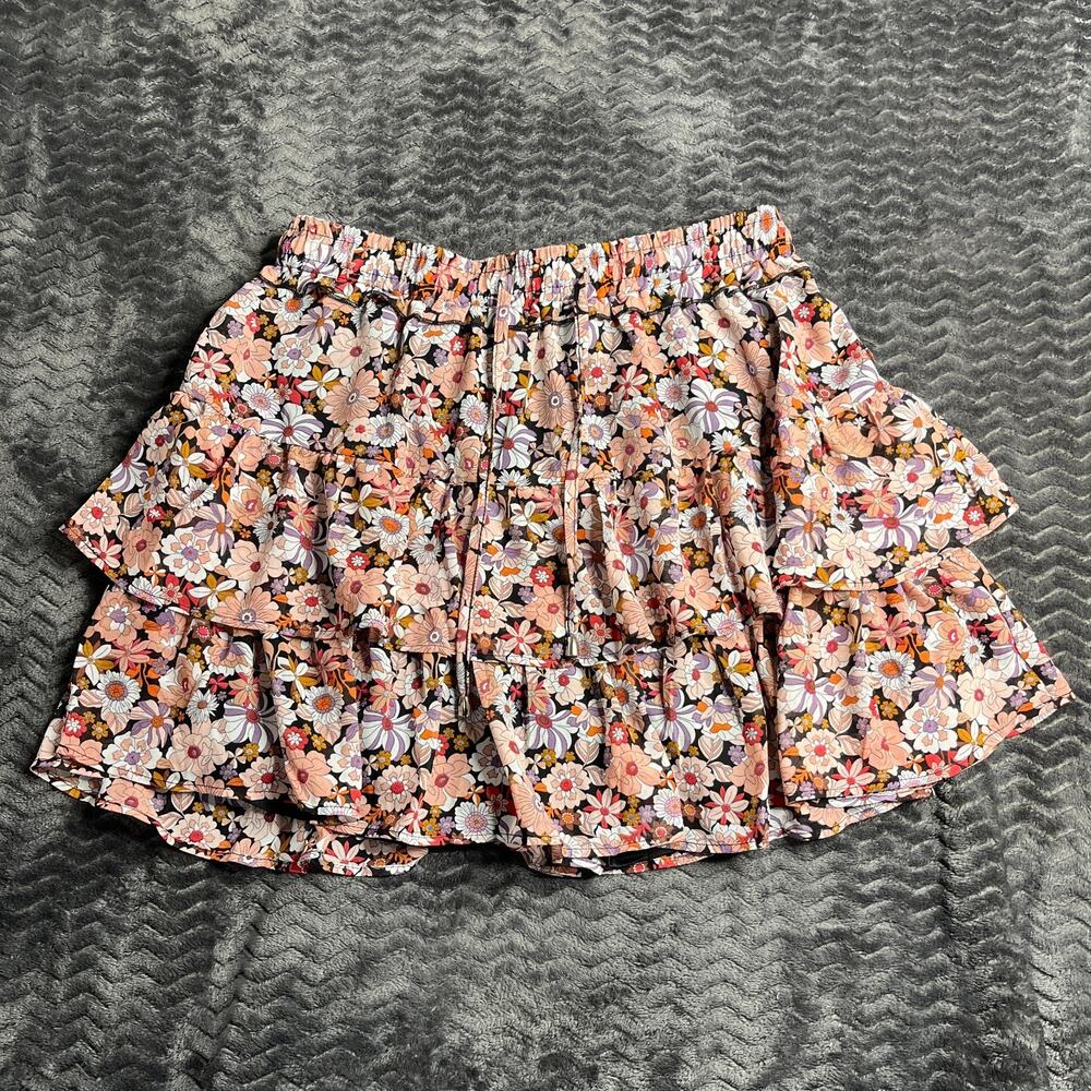 Womens Skirt Orange Floral A Line Ruffle Boho Size XL